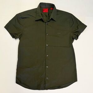 Hugo Boss Men's Ermino Short Sleeve Casual Slim Fit Dark Green Cotton Shirt M